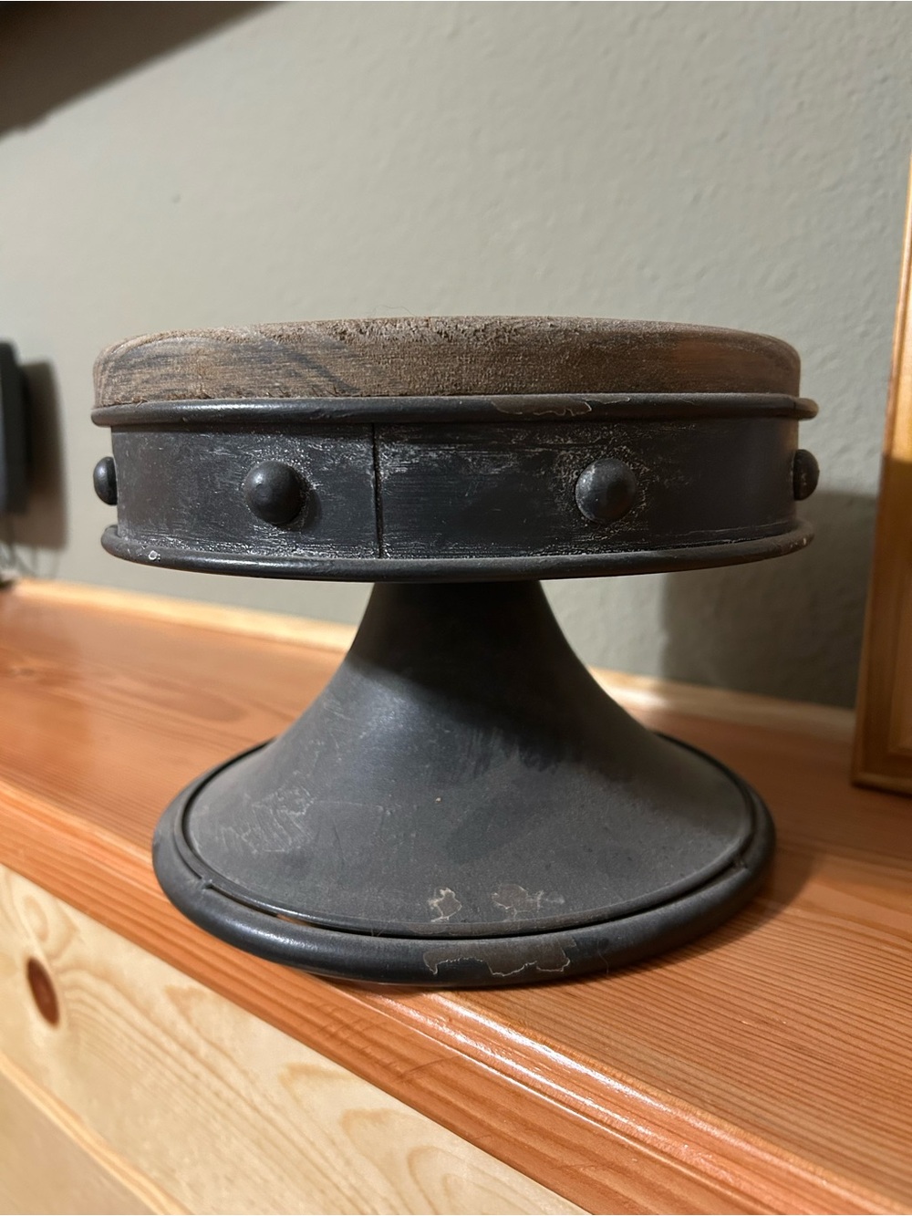Rustic Black Metal Pedestal Stand with Wooden Top, Rivets